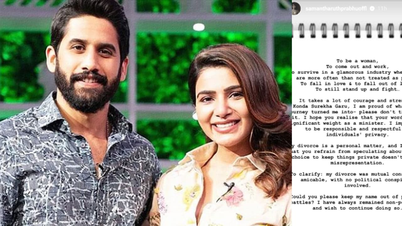 'നാഗചൈതന്യയും സാമന്തയും പിരിയാൻ കാരണം കെടിആർ'; സ്ത്രീ വിരുദ്ധ പരാമർശവുമായി തെലങ്കാന മന്ത്രി, സാമന്തയുടെ മറുപടി