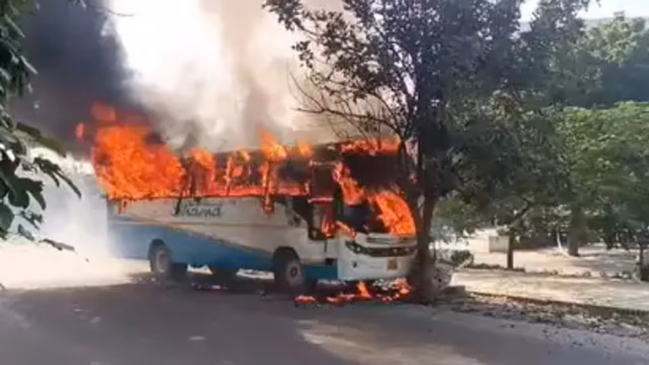 മിനിറ്റുകൾ മാത്രം, ഓടുന്ന ബസ് മരത്തില് ഇടിച്ചു, പിന്നാലെ നിന്നുകത്തി, ഭീതിപരത്തി കറുത്തപുക, ആളപായമില്ല മിനിറ്റുകൾ മാത്രം, ഓടുന്ന ബസ് മരത്തില് ഇടിച്ചു, പിന്നാലെ നിന്നുകത്തി, ഭീതിപരത്തി കറുത്തപുക, ആളപായമില്ല