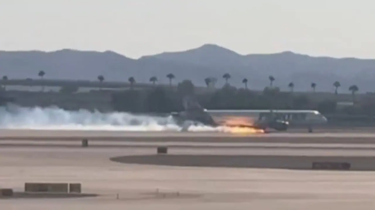 Frontier Airlines flight catches fire while landing at Las Vegas airport; dramatic video goes viral (WATCH)