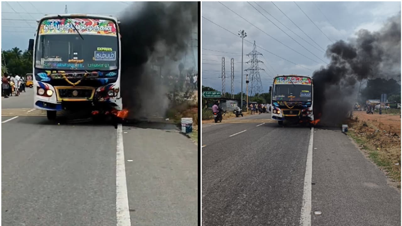 ബസിൽ ഇടിച്ച ബൈക്ക് ബസിനടിയിൽ വീണു തീപിടിച്ചു; ഒരാൾ മരിച്ചു, സംഭവം തമിഴ് നാട്ടിലെ തേനിയിൽ