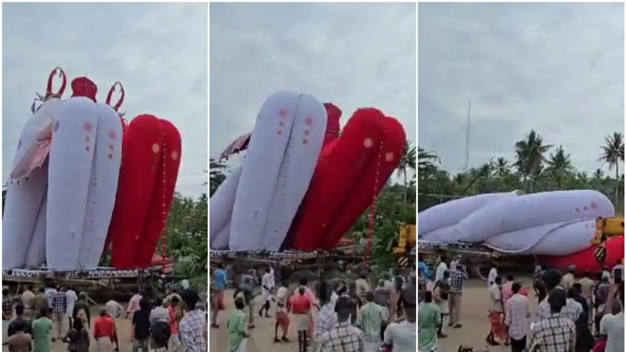 Kerala: Major accident averted as 72 ft tall 'Kettukala' figure topples at Ochira Parabrahma Temple (WATCH)