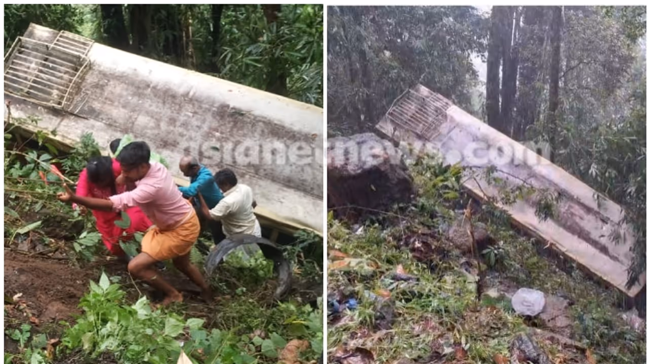 നിയന്ത്രണം വിട്ട കെഎസ്ആർടിസി ബസ് റോഡിൽ നിന്നും താഴേക്ക് മറിഞ്ഞു, ബസിൽ 18 യാത്രക്കാർ, 2 പേർക്ക് പരിക്ക് നിയന്ത്രണം വിട്ട കെഎസ്ആർടിസി ബസ് റോഡിൽ നിന്നും താഴേക്ക് മറിഞ്ഞു, ബസിൽ 18 യാത്രക്കാർ, 2 പേർക്ക് പരിക്ക്