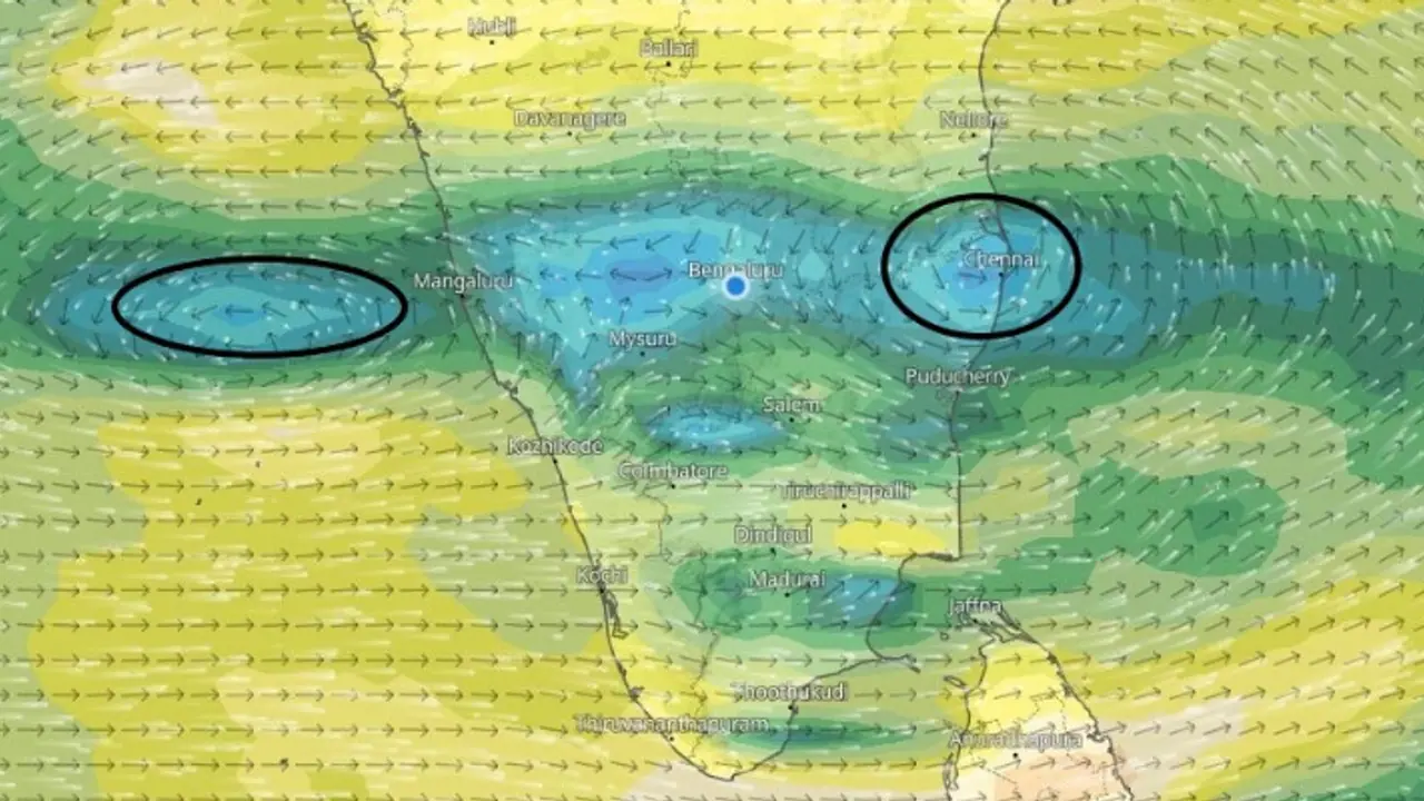 തെക്കൻ തീരദേശ ആന്ധ്രയ്ക്കും വടക്കൻ തീരദേശ തമിഴ്നാടിനും മുകളിൽ ശക്തികൂടിയ ന്യൂനമർദ്ദം; ഒരാഴ്ച പരക്കെ മഴ പെയ്യും