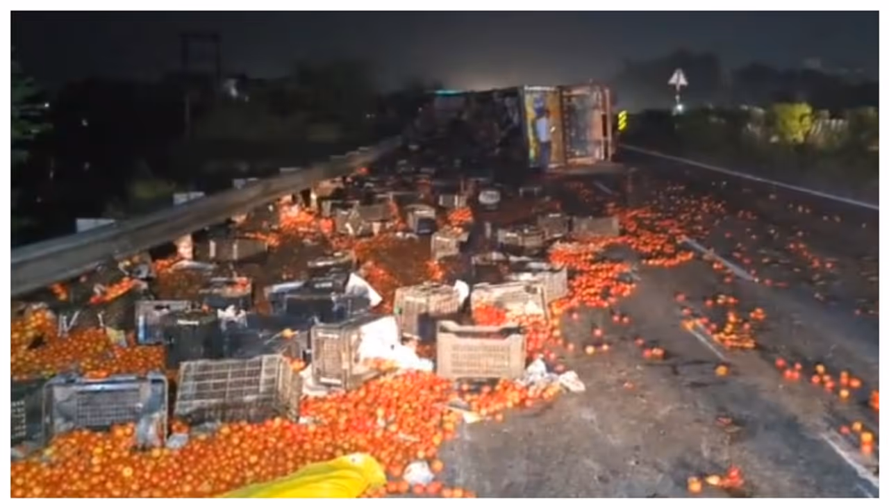 കിലോയ്ക്ക് വില 100 രൂപ; മറിഞ്ഞത് 18 ടണ് തക്കാളി കയറ്റിയ ട്രക്ക്, രാത്രി മുഴുവന് കാവലിരുന്ന് പോലീസ് കിലോയ്ക്ക് വില 100 രൂപ; മറിഞ്ഞത് 18 ടണ് തക്കാളി കയറ്റിയ ട്രക്ക്, രാത്രി മുഴുവന് കാവലിരുന്ന് പോലീസ്