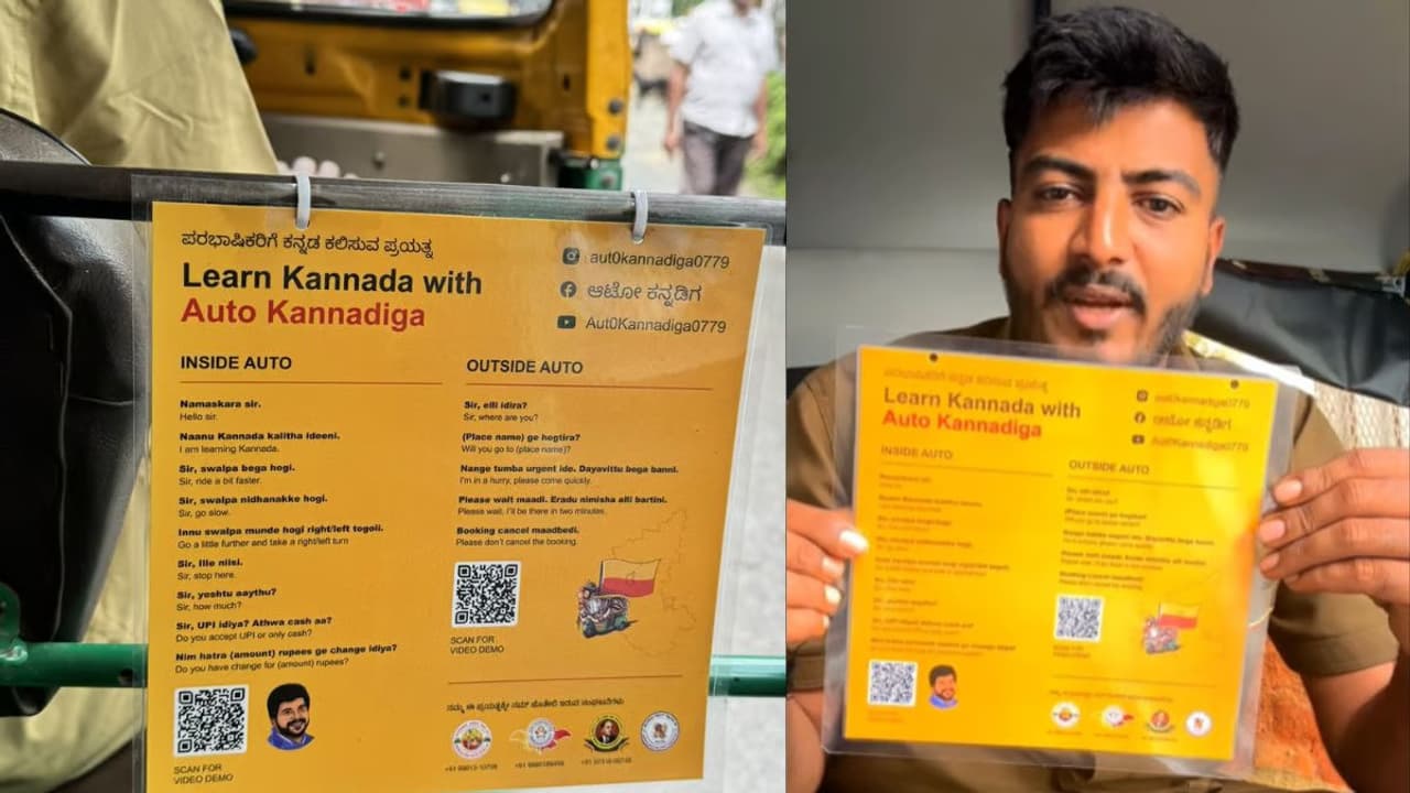Bengaluru auto driver pastes 'Learn Kannada' poster inside vehicle, lists common greetings. Here's why |WATCH 
