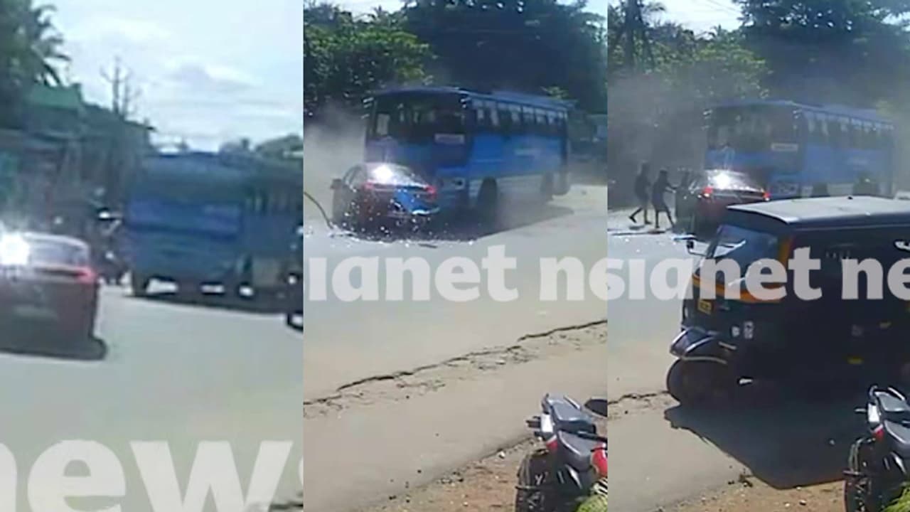 മരണപ്പാച്ചിലിന്റെ ദൃശ്യങ്ങൾ പുറത്ത്; ഓവർടേക്ക് ചെയ്തുവന്ന ബസ് എതിരെ വന്ന കാറിലേക്ക് ഇടിച്ചുകയറി മരണപ്പാച്ചിലിന്റെ ദൃശ്യങ്ങൾ പുറത്ത്; ഓവർടേക്ക് ചെയ്തുവന്ന ബസ് എതിരെ വന്ന കാറിലേക്ക് ഇടിച്ചുകയറി