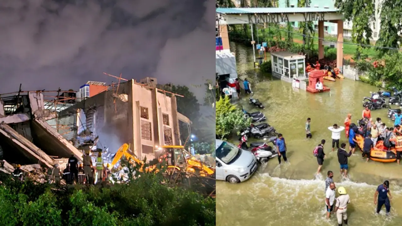 வெளுத்து வாங்கும் மழை; பள்ளி கல்லூரிகளுக்கு விடுமுறை; சரிந்து விழுந்த அடுக்குமாடி கட்டிடம்!! வெளுத்து வாங்கும் மழை; பள்ளி கல்லூரிகளுக்கு விடுமுறை; சரிந்து விழுந்த அடுக்குமாடி கட்டிடம்!!