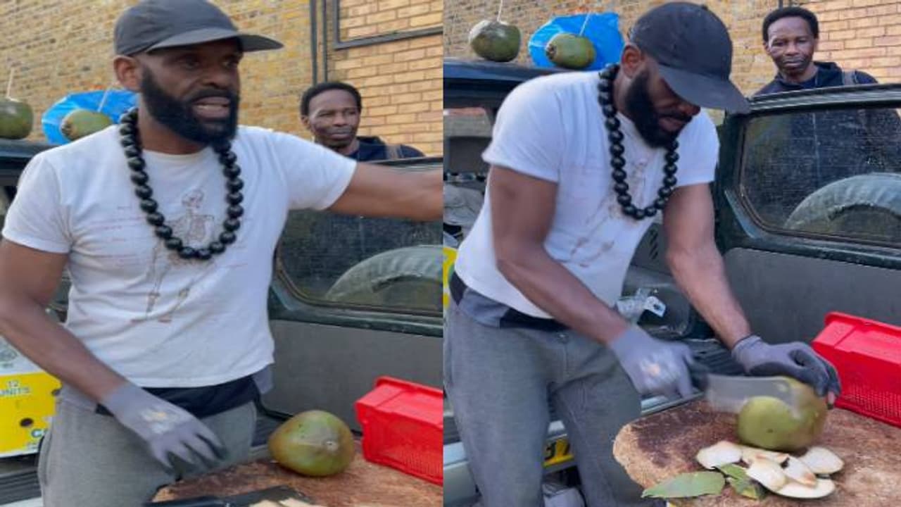 ലണ്ടനിലെ സ്ട്രീറ്റിൽ കരിക്കുവെട്ടി വിൽക്കുന്ന യുവാവ്, വൈറലായി വീഡിയോ ലണ്ടനിലെ സ്ട്രീറ്റിൽ കരിക്കുവെട്ടി വിൽക്കുന്ന യുവാവ്, വൈറലായി വീഡിയോ