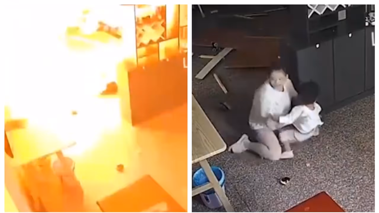 അടുക്കളയിലെ ഗ്യാസ് സിലിണ്ടര്‍ പൊട്ടിത്തെറിക്കുന്നതിനിടെ മകനെ രക്ഷപ്പെടുത്താനുള്ള അമ്മയുടെ ശ്രമം; വീഡിയോ വൈറൽ