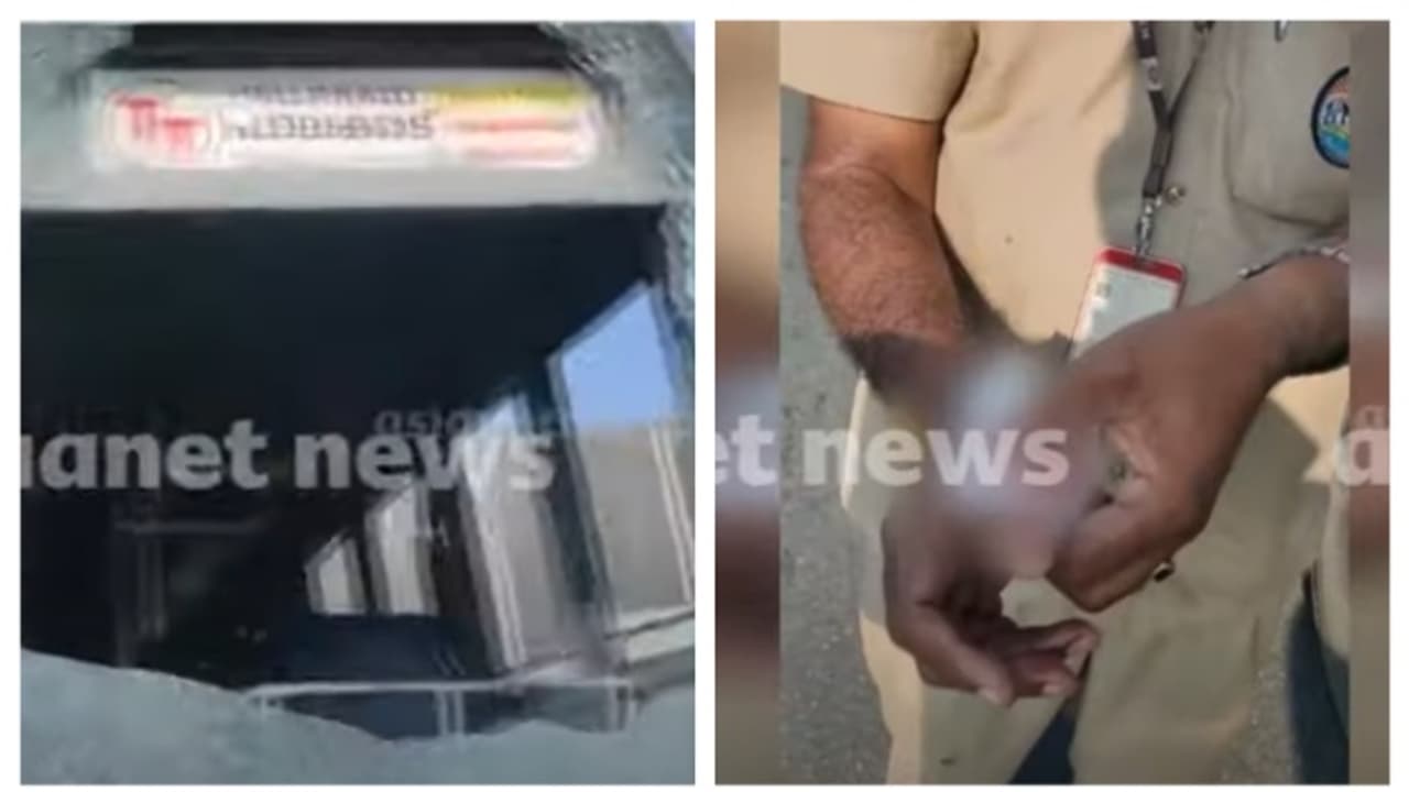ഓടിക്കൊണ്ടിരുന്ന കെഎസ്ആർടിസി ബസിന്റെ മുൻവശത്തെ ചില്ല് തകർന്നു വീണു ഓടിക്കൊണ്ടിരുന്ന കെഎസ്ആർടിസി ബസിന്റെ മുൻവശത്തെ ചില്ല് തകർന്നു വീണു