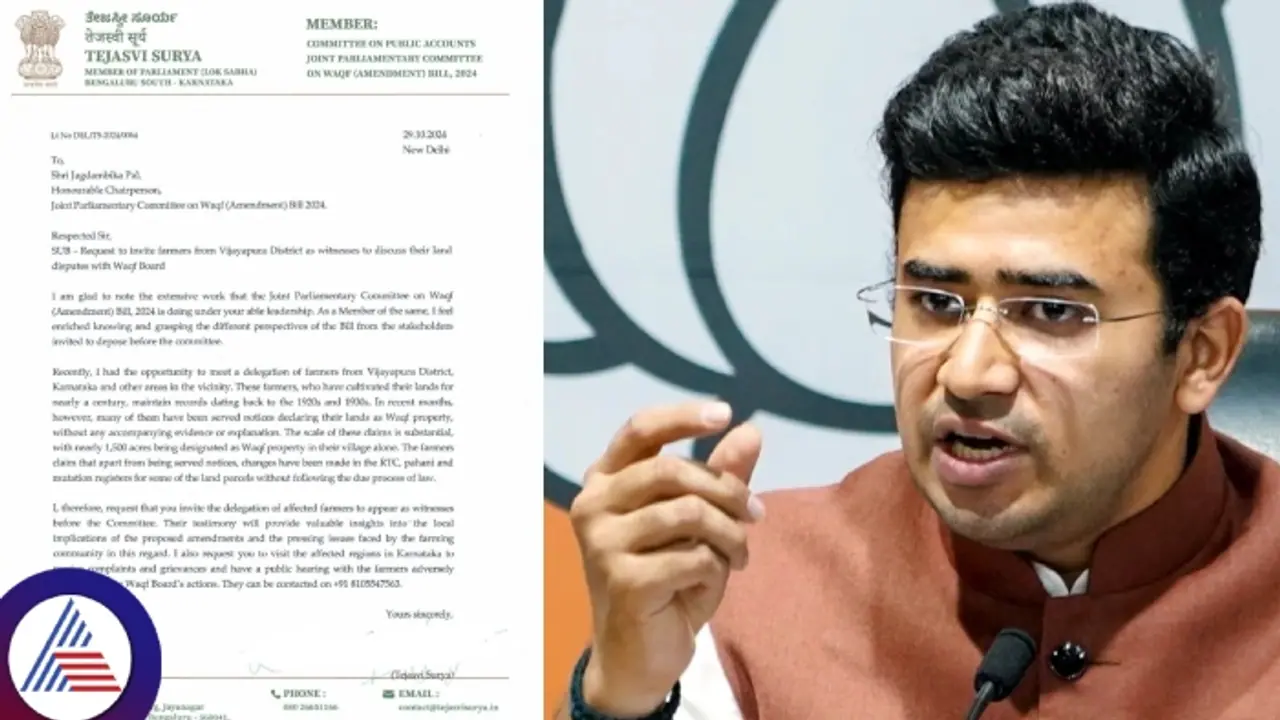 Waqf board dispute: BJP MP Tejasvi Surya urges Parliamentary committee to address farmers' concerns Waqf board dispute: BJP MP Tejasvi Surya urges Parliamentary committee to address farmers' concerns