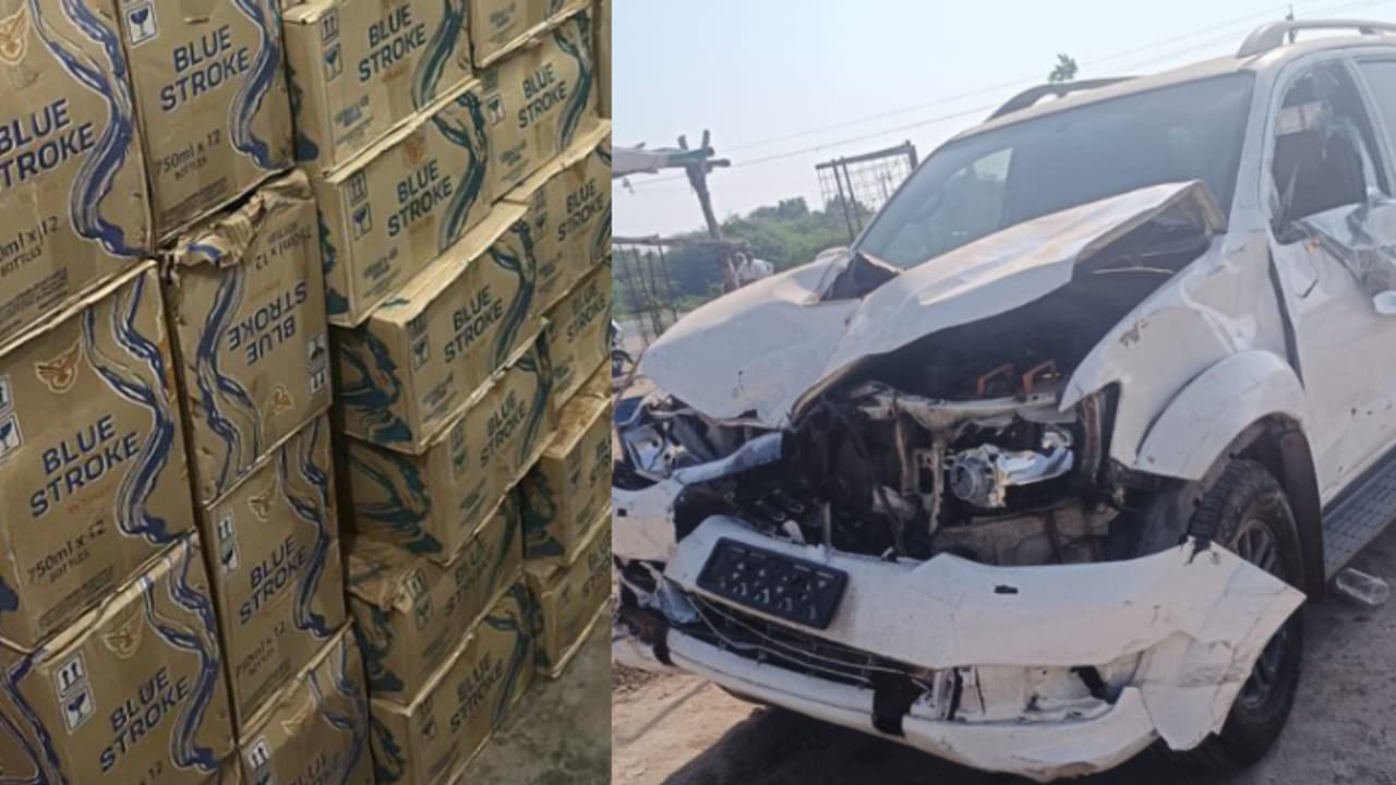 മദ്യക്കടത്തുകാരെ പിന്തുടർന്ന പൊലീസ് വാഹനത്തിനും ട്രെക്കിനും ഇടയിൽ കുടുങ്ങി പൊലീസുകാരന് ദാരുണാന്ത്യം