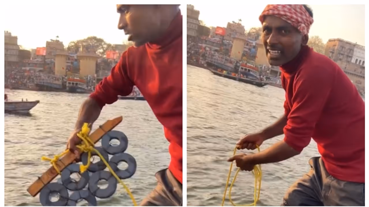 ഗംഗയിലേക്ക് കാന്തം വലിച്ചെറിഞ്ഞ് യുവാവ്; തിരികെ എടുക്കുന്നത് കുടുംബം പോറ്റാനുള്ള 'പണം'; വീഡിയോ വൈറല്‍ 