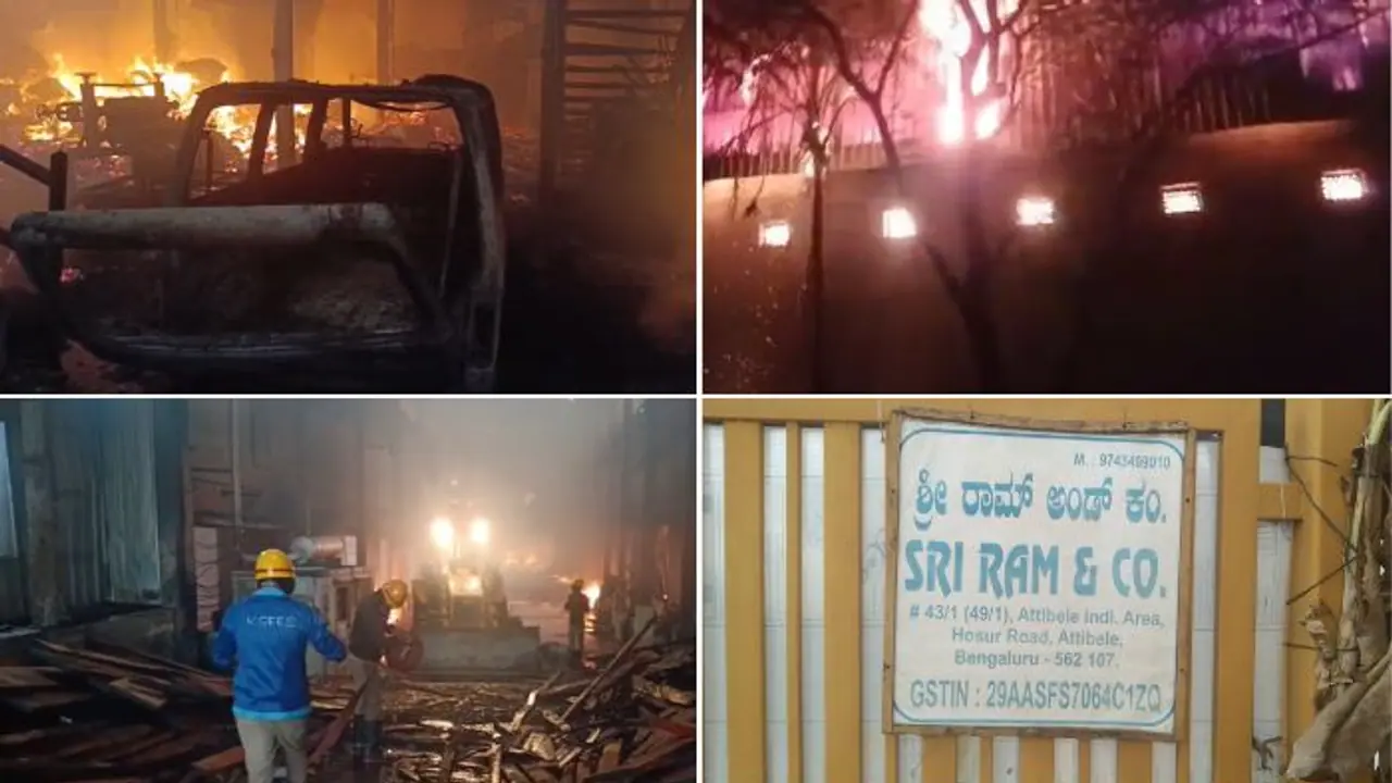 Massive fire engulfs Sriram Wood factory near Attibele on Bengaluru Hosur highway; rescue underway