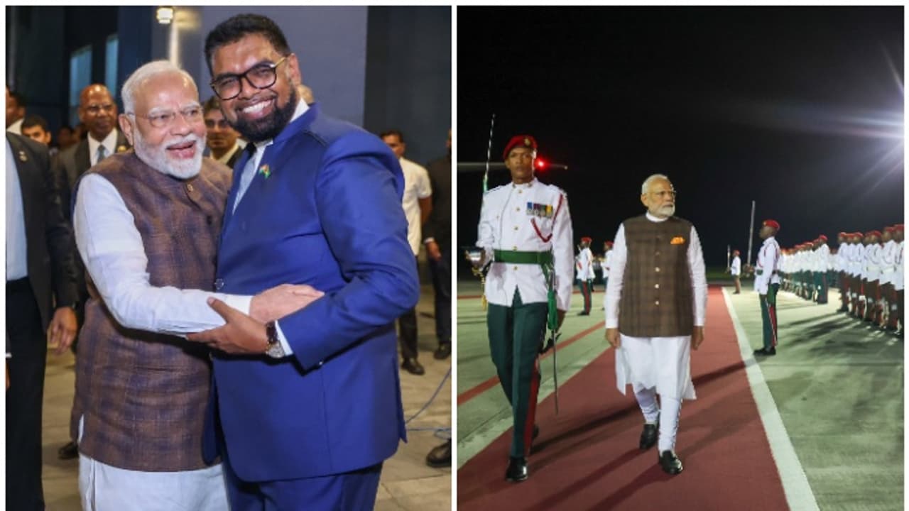 പ്രധാനമന്ത്രിക്ക് ഗയാനയിൽ ഊഷ്മള സ്വീകരണം; ബാർബഡോസും ഗയാനയും പരമോന്നത ബഹുമതികൾ മോദിക്ക് സമ്മാനിക്കും പ്രധാനമന്ത്രിക്ക് ഗയാനയിൽ ഊഷ്മള സ്വീകരണം; ബാർബഡോസും ഗയാനയും പരമോന്നത ബഹുമതികൾ മോദിക്ക് സമ്മാനിക്കും