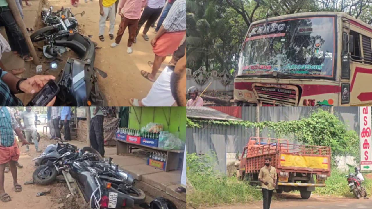 കെഎസ്ആ‌ർടിസി ബസിടിച്ച് ലോറിയുടെ നിയന്ത്രണം പോയി; പിന്നാലെ ലോറി നാല് ബൈക്കുകളിൽ ഇടിച്ചു; വൻ അപകടം ഒഴിവായി