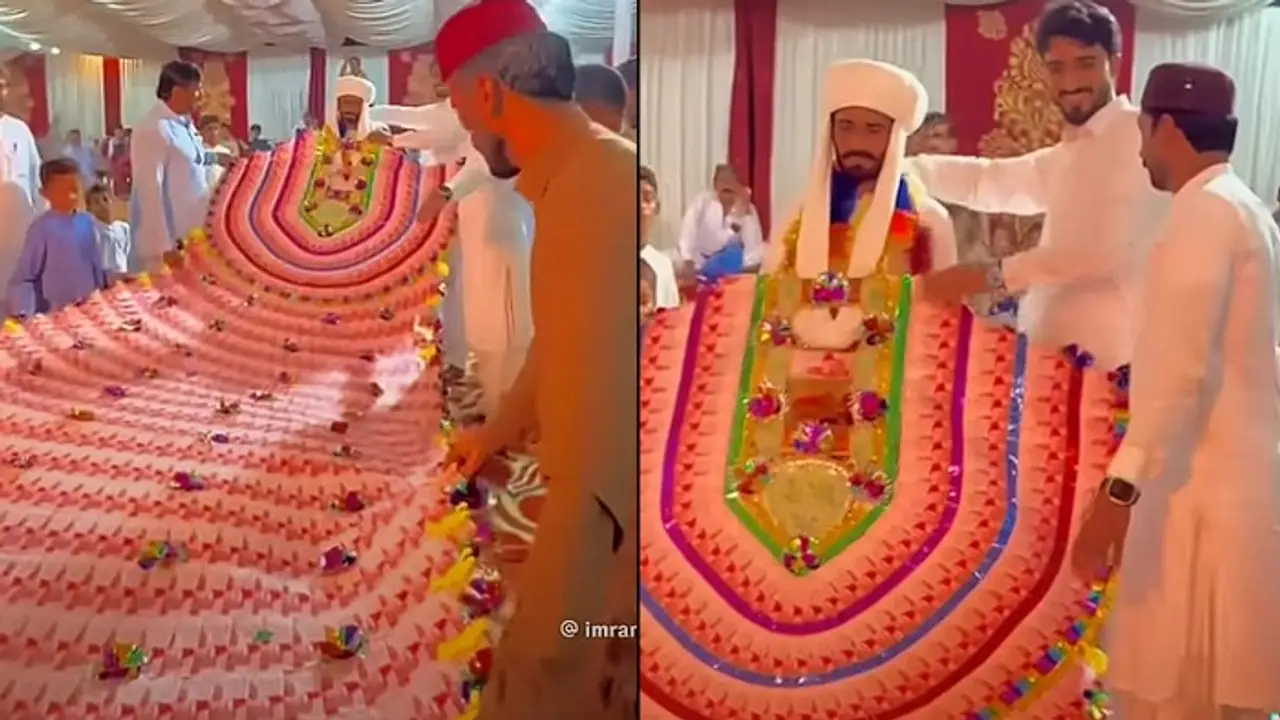 Viral video: Pakistani man wears 35 foot cash garland worth 1 lakh PKR on wedding day (WATCH)