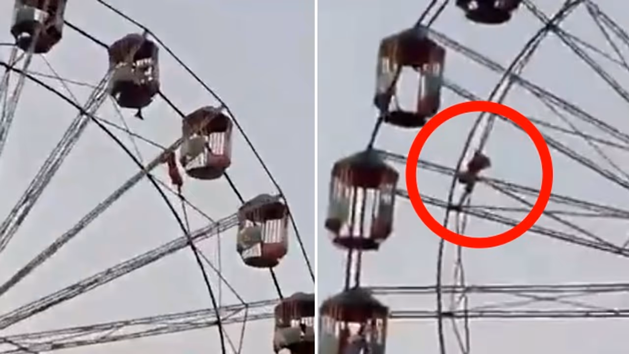 Viral video: 10 year old girl rescued after dangling mid air on 60 foot ferris wheel in UP (WATCH) Viral video: 10 year old girl rescued after dangling mid air on 60 foot ferris wheel in UP (WATCH)