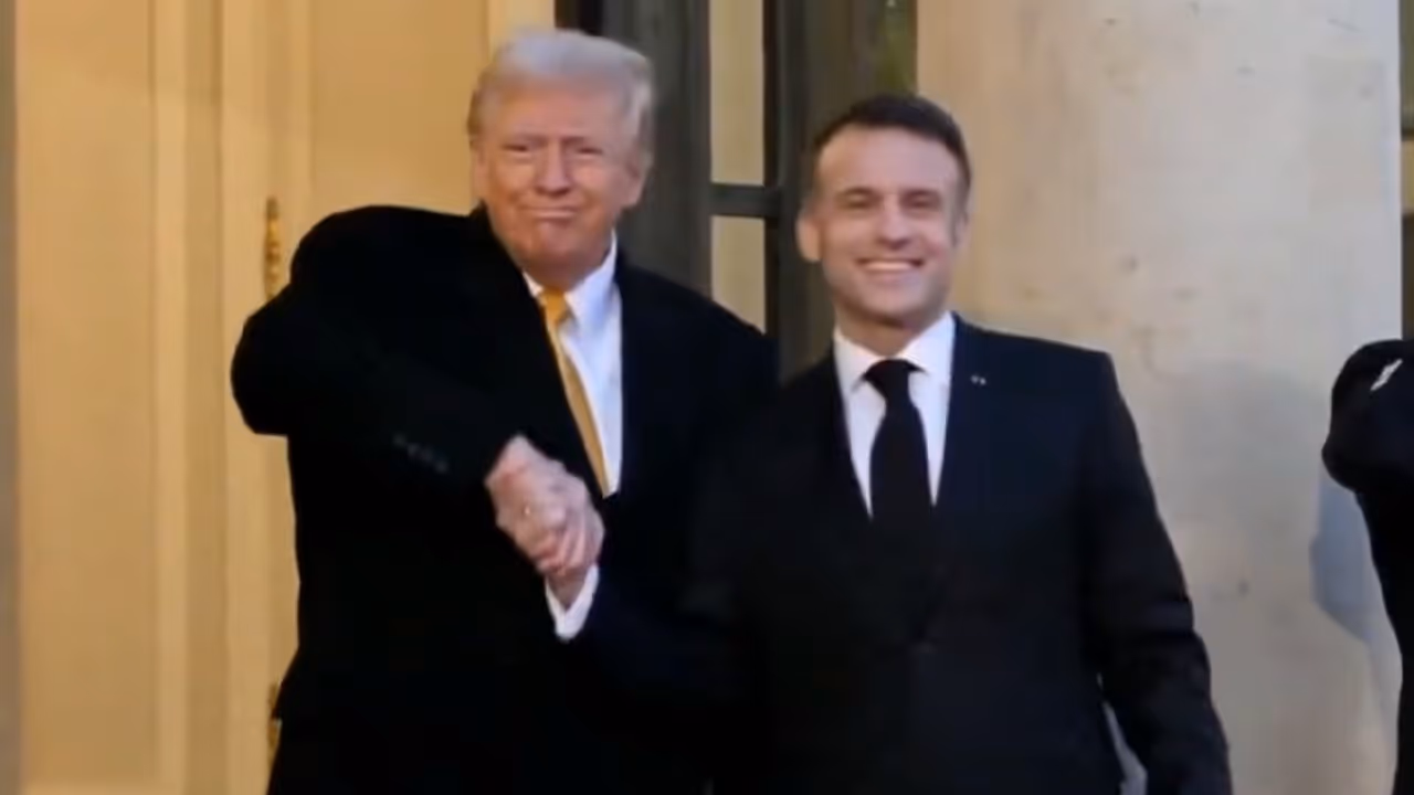 Viral video: Donald Trump greets Macron with intense 17 second handshake ahead of Notre Dame event (WATCH) Viral video: Donald Trump greets Macron with intense 17 second handshake ahead of Notre Dame event (WATCH)