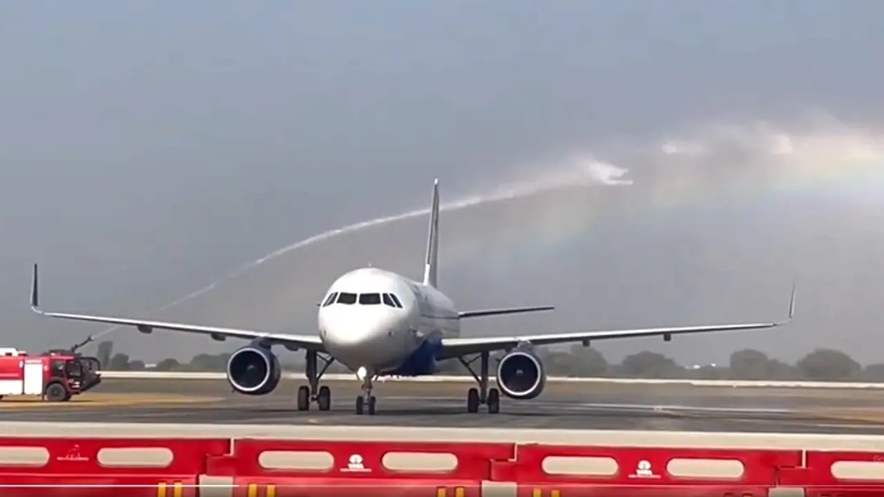 Jewar Airport welcomes its first test flight; IndiGo receives water salute (WATCH)