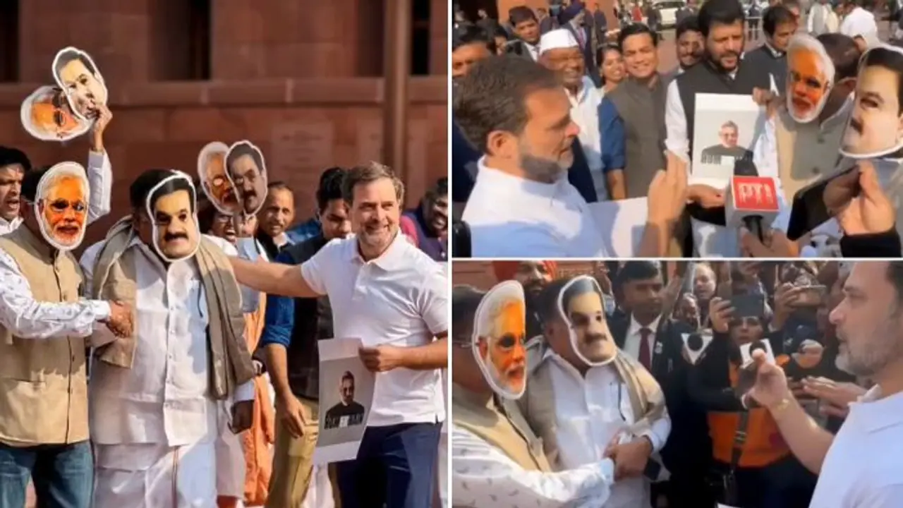 Rahul Gandhi turns interviewer, mocks PM Modi, Adani using masked MPs outside Parliament (WATCH)