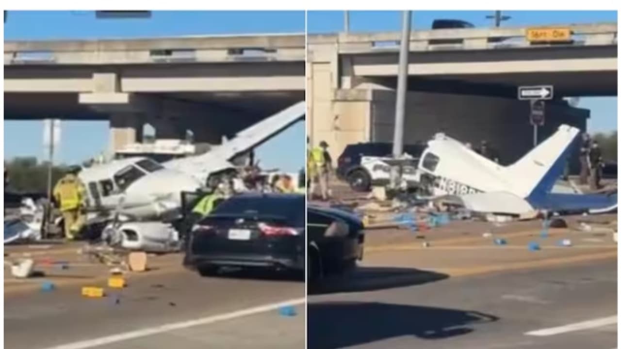 തിരക്കേറിയ ഹൈവേയിൽ ലാൻഡ് ചെയ്ത വിമാനം മൂന്ന് കാറുകൾക്ക് മുകളിലേക്ക് ഇടിച്ചുകയറി തകർന്നു; നാല് പേർക്ക് പരിക്ക്