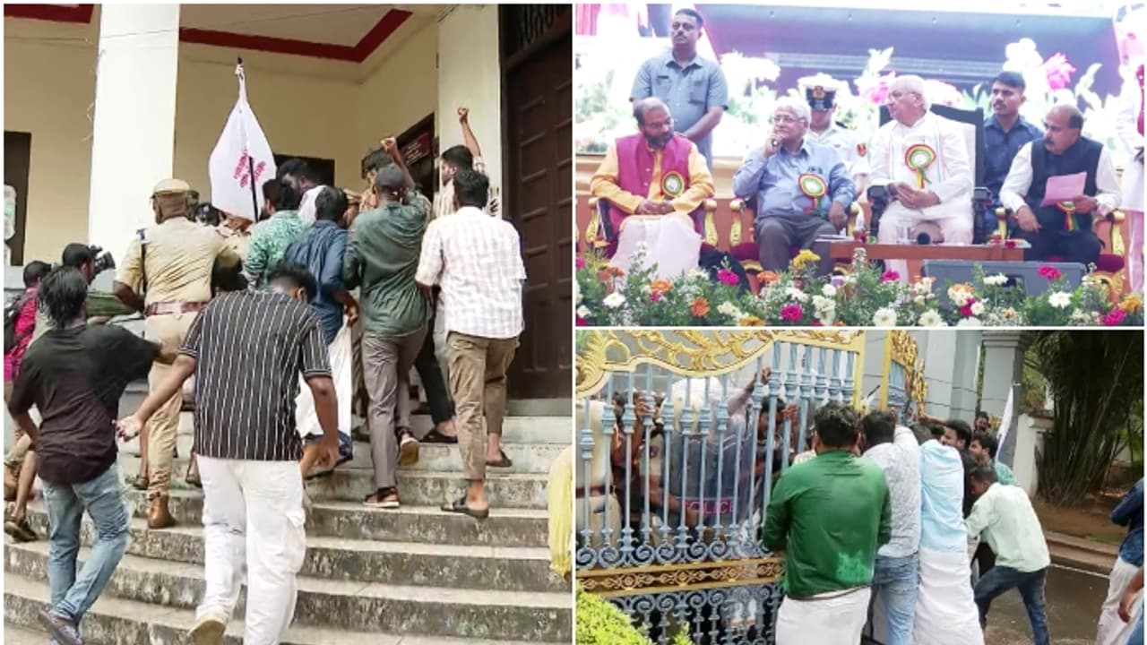 കേരള സര്വകലാശാലയില് ഗവര്ണര്ക്കെതിരെ എസ്എഫ്ഐ പ്രതിഷേധം; പൊലീസുമായി ഉന്തും തള്ളും, സംഘര്ഷം കേരള സര്വകലാശാലയില് ഗവര്ണര്ക്കെതിരെ എസ്എഫ്ഐ പ്രതിഷേധം; പൊലീസുമായി ഉന്തും തള്ളും, സംഘര്ഷം