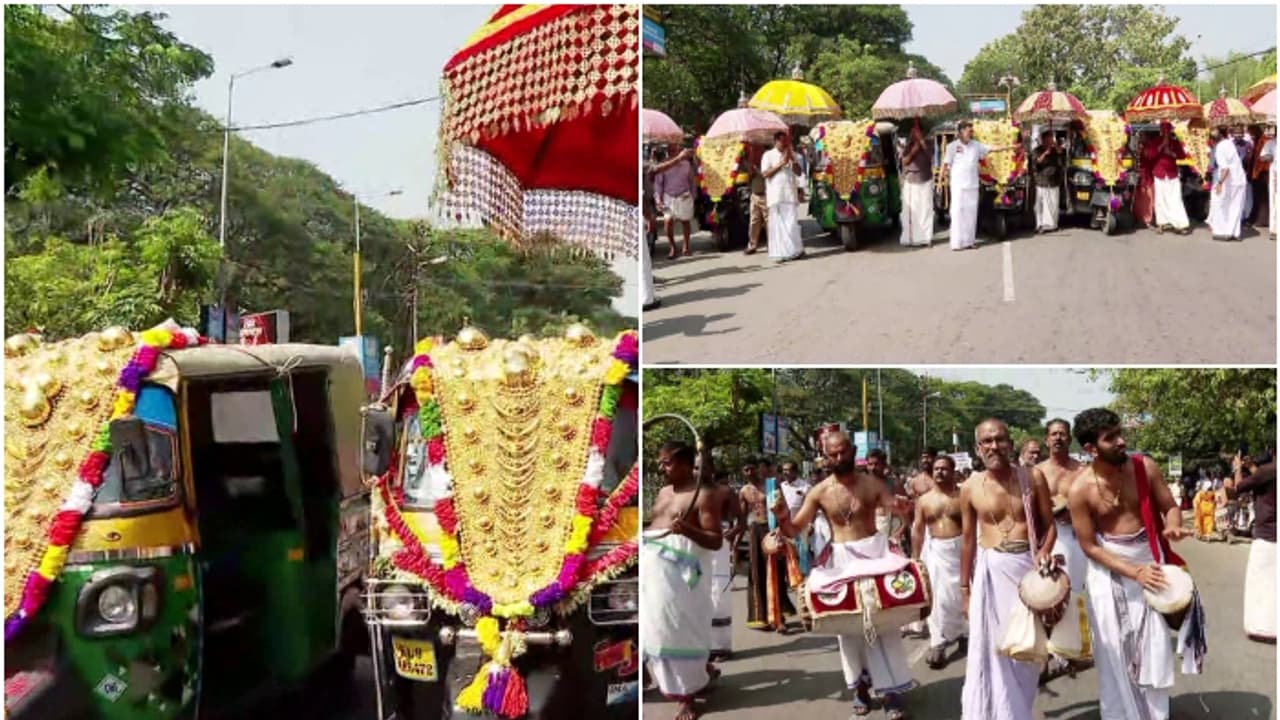 നെറ്റിപ്പട്ടം കെട്ട് ഓട്ടോറിക്ഷകള്, പഞ്ചവാദ്യത്തിൻ്റെ അകമ്പടിയോടെ പാലക്കാട് പ്രതിഷേധ പ്രതീകാത്മക പൂരം നെറ്റിപ്പട്ടം കെട്ട് ഓട്ടോറിക്ഷകള്, പഞ്ചവാദ്യത്തിൻ്റെ അകമ്പടിയോടെ പാലക്കാട് പ്രതിഷേധ പ്രതീകാത്മക പൂരം