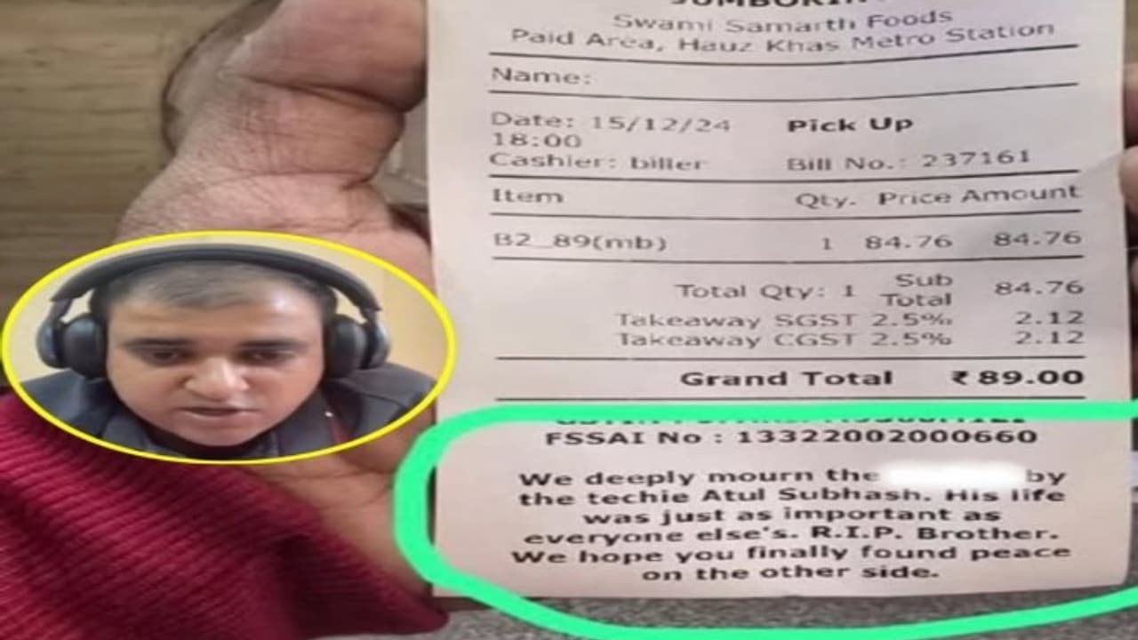 'We hope you...': Delhi restaurant pays heartfelt tribute to Atul Subhash with short note on bill, SEE post 'We hope you...': Delhi restaurant pays heartfelt tribute to Atul Subhash with short note on bill, SEE post
