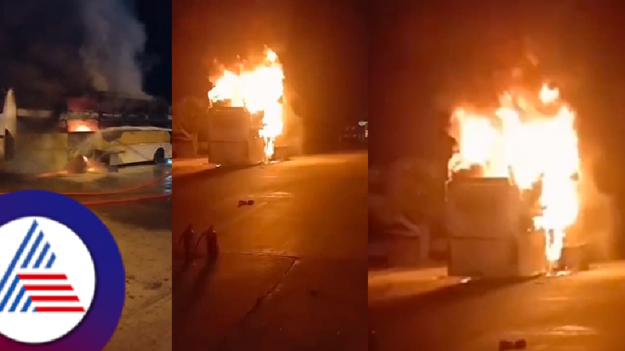 ಗುಯಿಲಾಳು ಟೋಲ್ ಬಳಿ ಹೊತ್ತಿ ಉರಿದ ಖಾಸಗಿ ಬಸ್; ಸುಖ ನಿದ್ದೆಯಲ್ಲಿದ್ದ ಪ್ರಯಾಣಿಕರು ಸ್ವಲ್ಪದರಲ್ಲೇ ಪಾರು!