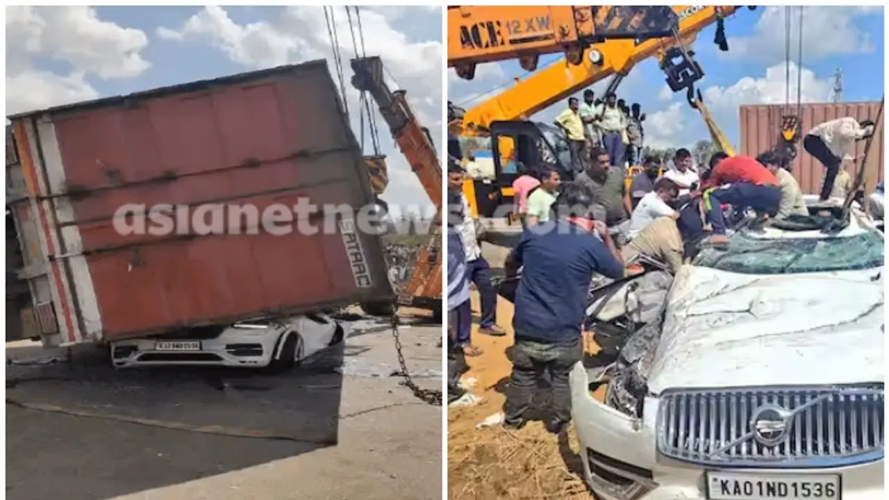 ബെംഗളൂരുവിൽ അവധിക്ക് പോകുകയായിരുന്ന കുടുംബം സഞ്ചരിച്ച കാറിന് മുകളിലേക്ക് കണ്ടെയ്നർ ലോറി മറിഞ്ഞു, 6 പേർ മരിച്ചു