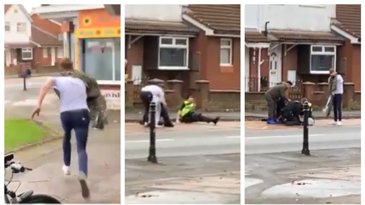 മുടിവെട്ട് പാതിവഴി നിർത്തി ഇറങ്ങി ഓടി; പിന്നാലെ, പോലീസുകാരനെ ഇടിച്ച് കൂട്ടുന്ന അക്രമിയെ 'ഒതുക്കി', വീഡിയോ വൈറൽ