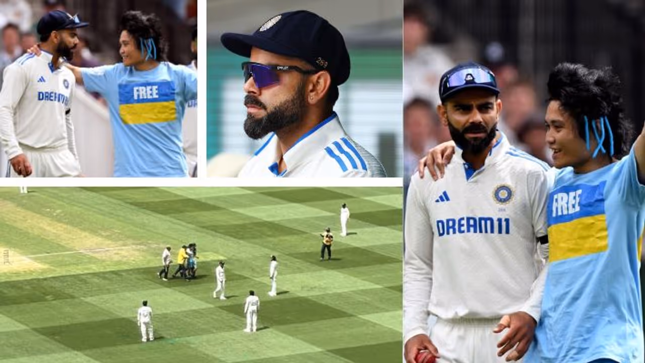 విరాట్ కోసం గ్రౌండ్ లోకి దూసుకొచ్చిన ఫ్యాన్.. వీడియో వైరల్ విరాట్ కోసం గ్రౌండ్ లోకి దూసుకొచ్చిన ఫ్యాన్.. వీడియో వైరల్