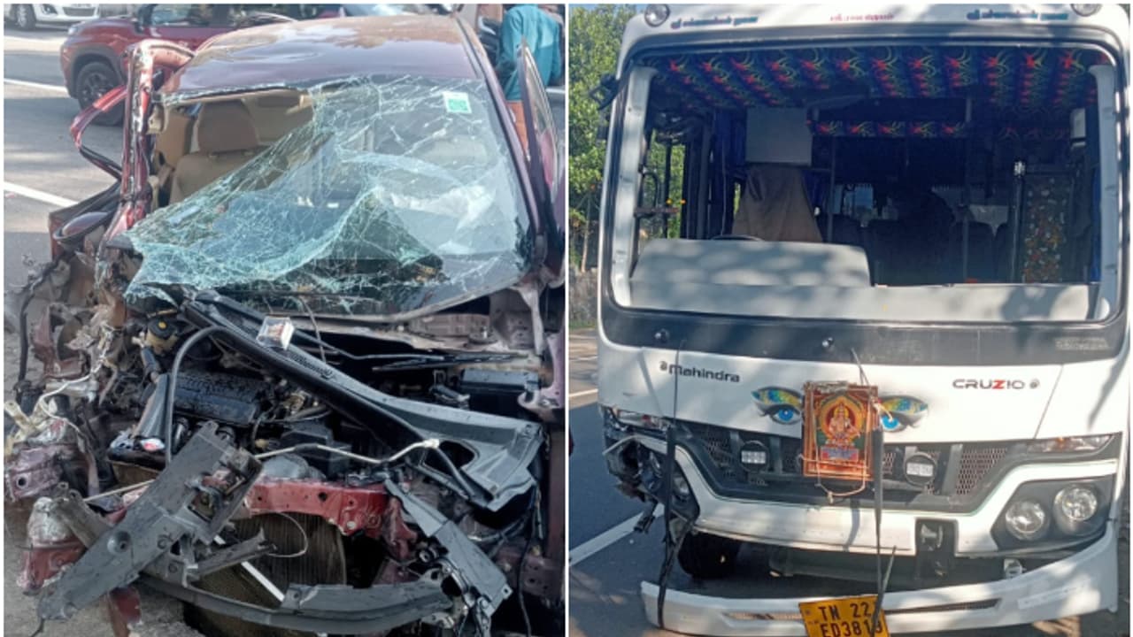 പുനലൂർ മൂവാറ്റുപുഴ സംസ്ഥാനപാതയിൽ ശബരിമല തീർത്ഥാടകരുടെ ബസ്സും കാറും കൂട്ടിയിടിച്ച് അപകടം; 4 പേർക്ക് പരിക്ക് പുനലൂർ മൂവാറ്റുപുഴ സംസ്ഥാനപാതയിൽ ശബരിമല തീർത്ഥാടകരുടെ ബസ്സും കാറും കൂട്ടിയിടിച്ച് അപകടം; 4 പേർക്ക് പരിക്ക്