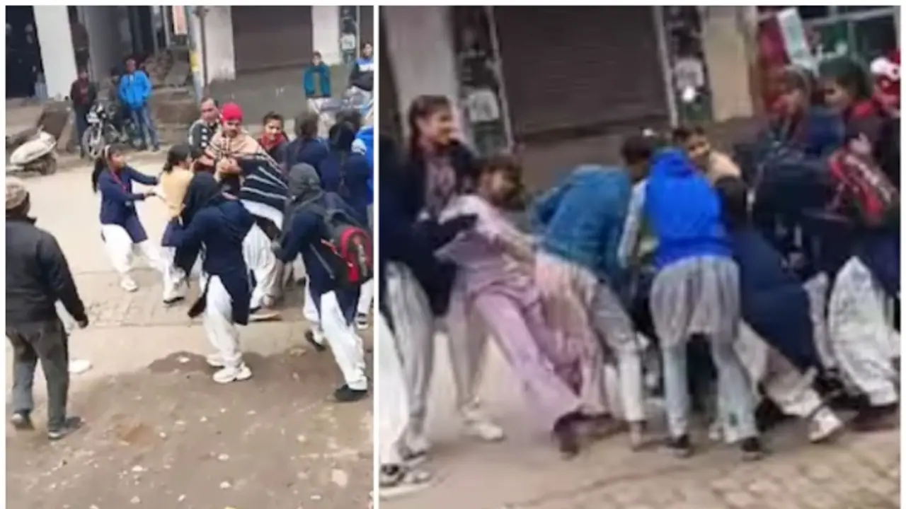 പ്രണയിക്കുന്ന ആൺകുട്ടിയെച്ചൊല്ലി നടുറോഡിൽ പൊരിഞ്ഞ തല്ല്; അടിയും ചവിട്ടും പരിധിവിട്ടപ്പോൾ ഇടപെട്ട് സഹപാഠികൾ