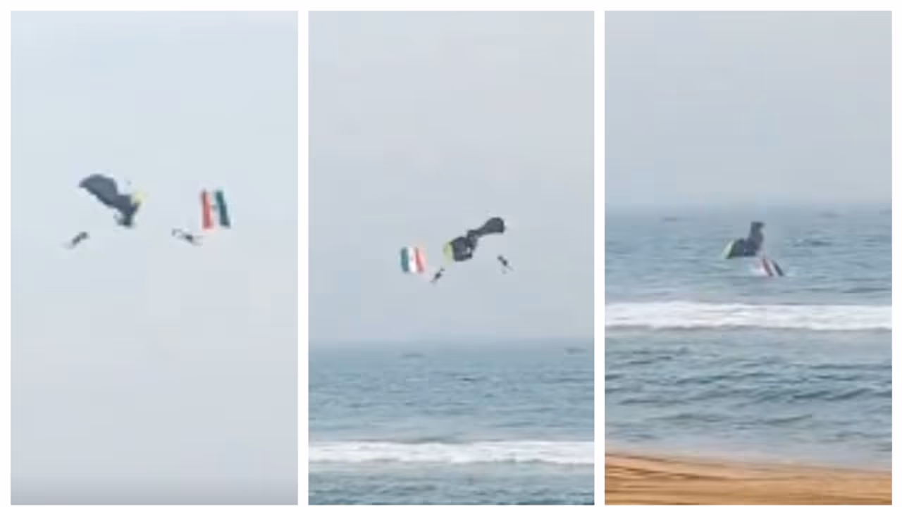 പറന്നിറങ്ങവെ പാരച്യൂട്ടുകൾ തമ്മിൽ കുരുങ്ങി കടലില്‍ വീഴുന്ന നാവിക സേനാ ഉദ്യോഗസ്ഥരുടെ വീഡിയോ വൈരൽ