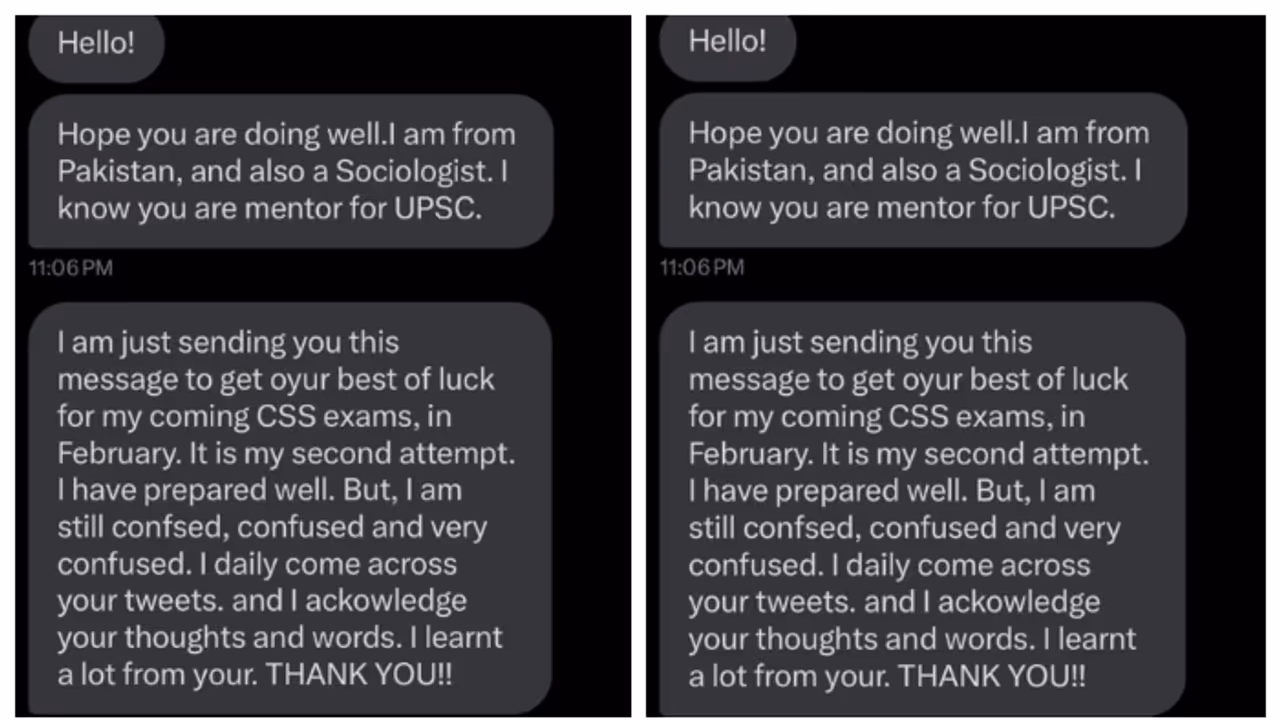 'നിങ്ങളിൽ നിന്ന് ഒരുപാട് പഠിച്ചു, നന്ദി'; ഇന്ത്യൻ യുപിഎസ്‍സി അധ്യാപകന് പാക് വിദ്യാർത്ഥി അയച്ച നന്ദിക്കുറിപ്പ്