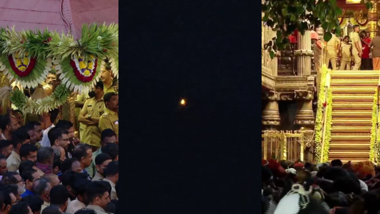 പൊന്നമ്പലമേട്ടിൽ മകരവിളക്ക് തെളിഞ്ഞു; ശരണം വിളികളോടെ ദർശന സായൂജ്യത്തിൽ ഭക്തർ, തിരുവാഭരണ വിഭൂഷിതനായി അയ്യപ്പൻ പൊന്നമ്പലമേട്ടിൽ മകരവിളക്ക് തെളിഞ്ഞു; ശരണം വിളികളോടെ ദർശന സായൂജ്യത്തിൽ ഭക്തർ, തിരുവാഭരണ വിഭൂഷിതനായി അയ്യപ്പൻ