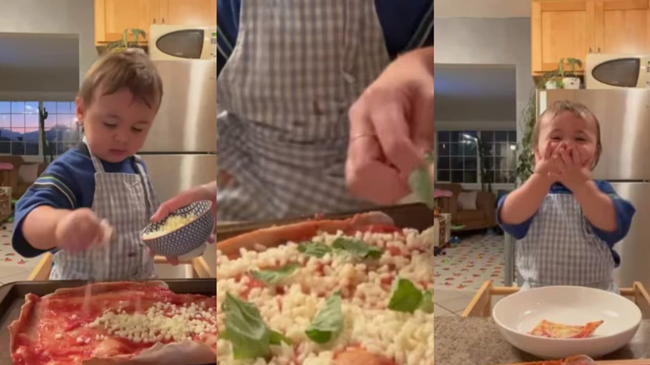 അമ്മയോടൊപ്പം പിസ തയ്യാറാക്കുന്ന കുരുന്ന്; വീഡിയോ വൈറൽ