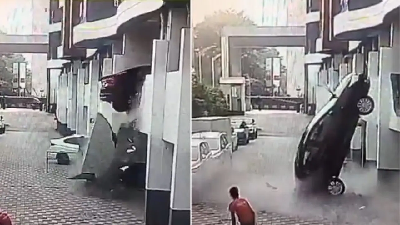Pune: Car reverses, crashes through parking lot wall in Viman nagar apartment; WATCH viral video