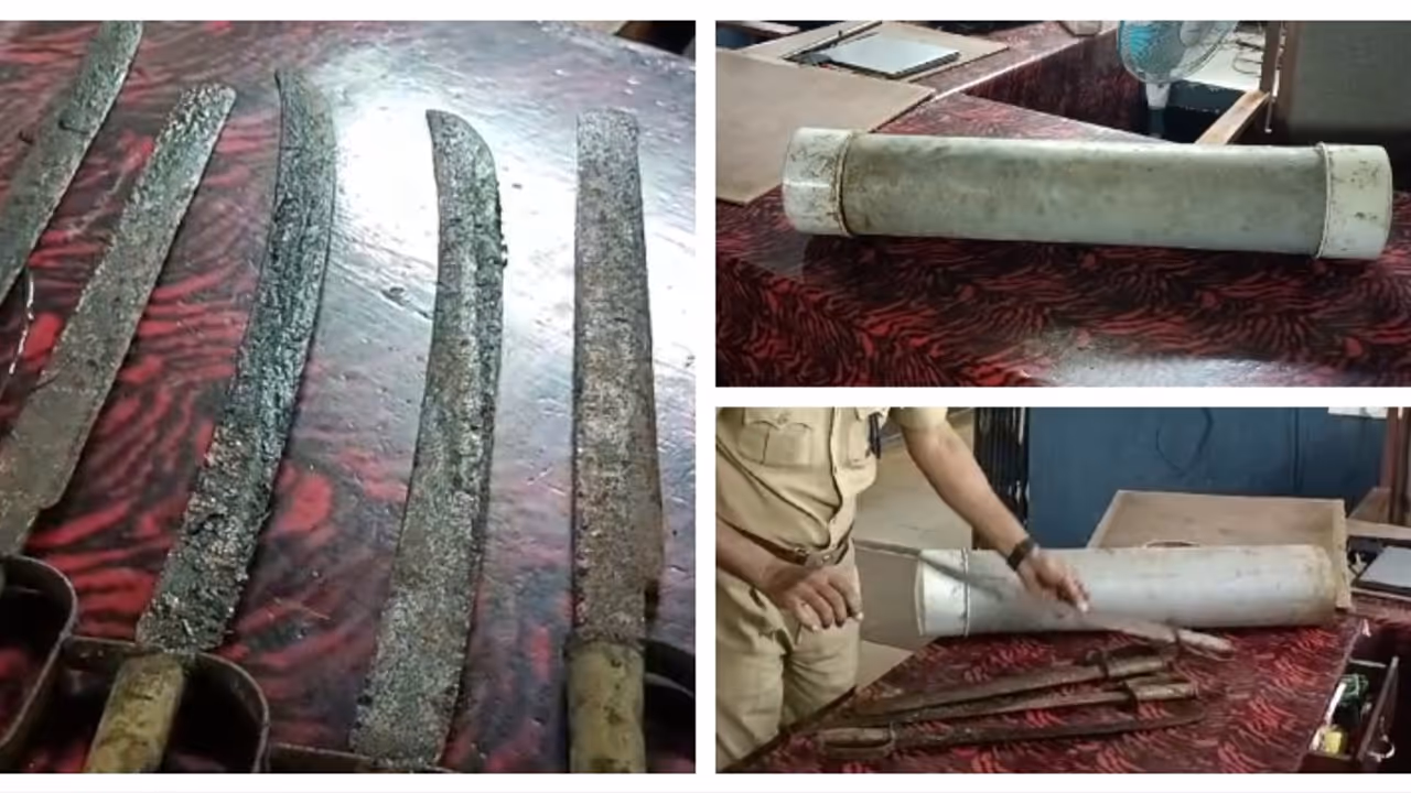 കളിസ്ഥലമൊരുക്കാൻ കുട്ടികള്‍ മൈതാനം കിളച്ചു, തൂമ്പ തട്ടിയത് പിവിസി പൈപ്പിൽ; അകത്ത് 5 വടിവാൾ; പൊലീസ് അന്വേഷണം