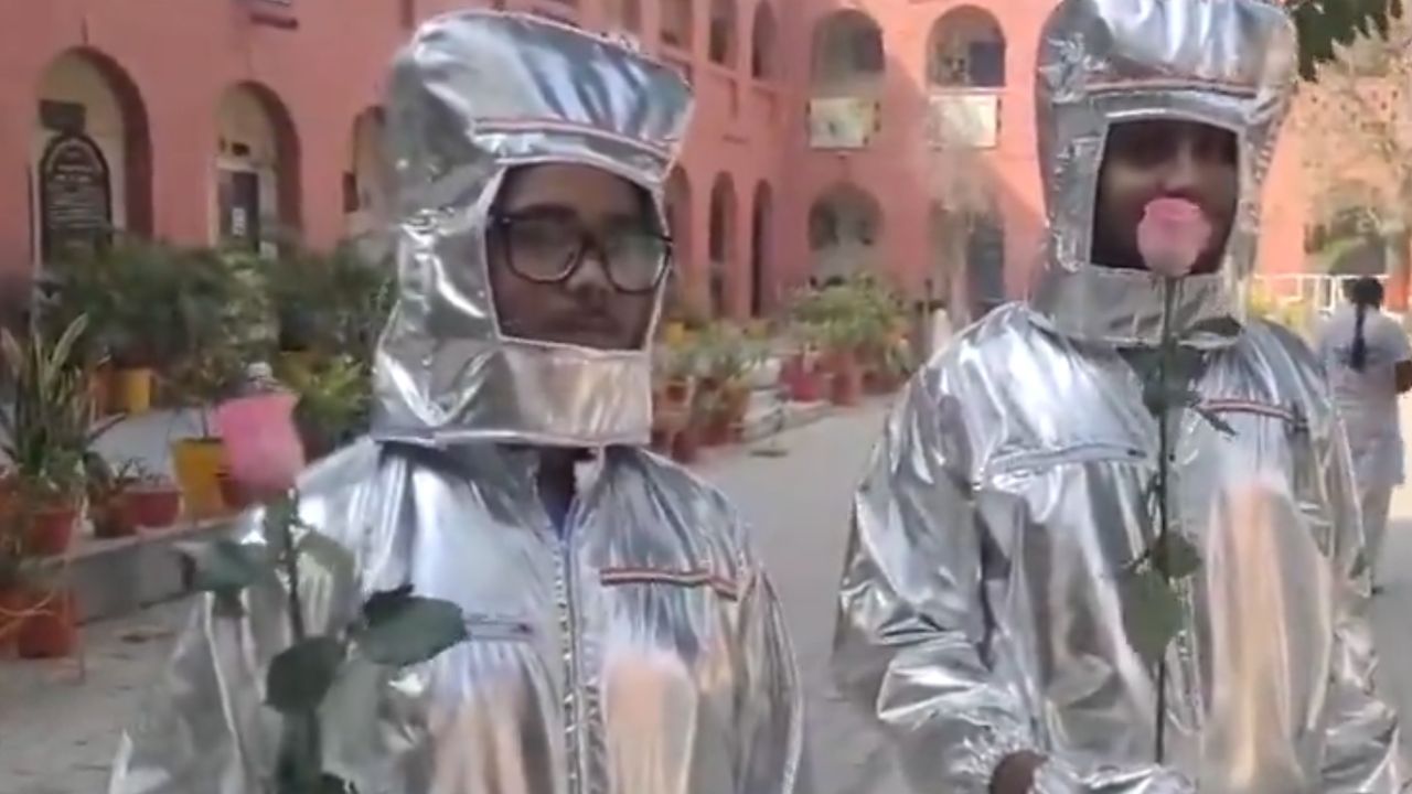 Delhi elections 2025: Polling booth stands out with space themed displays, 'astronauts' assist voters (WATCH) Delhi elections 2025: Polling booth stands out with space themed displays, 'astronauts' assist voters (WATCH)