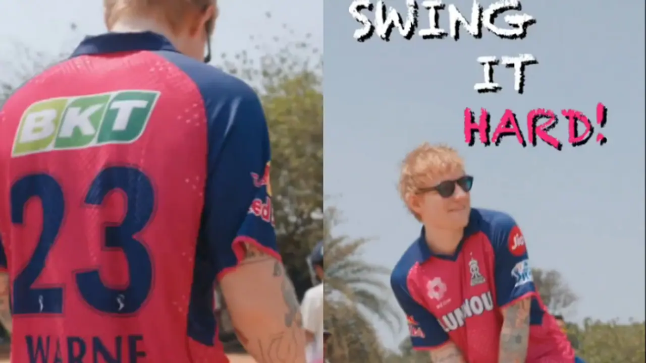 Ed Sheeran plays cricket with Riyan Parag, Tushar Deshpande in RR jersey featuring Shane Warne's name (WATCH) Ed Sheeran plays cricket with Riyan Parag, Tushar Deshpande in RR jersey featuring Shane Warne's name (WATCH)