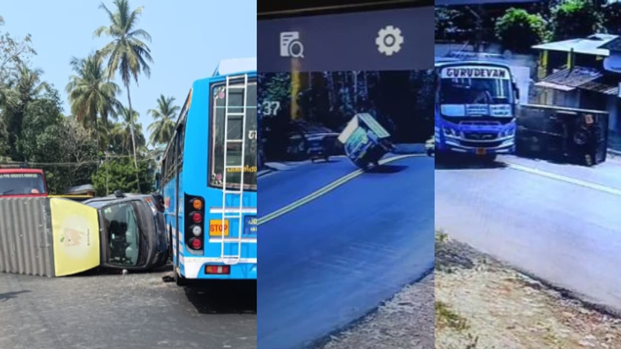 നിയന്ത്രണം വിട്ട് മറിഞ്ഞ മിനി ലോറി, റോഡിലൂടെ നിരങ്ങിയെത്തി, ബസ് വെട്ടിച്ച് മാറ്റി ഡ്രൈവർ; വൻ ദുരന്തം ഒഴിവായി