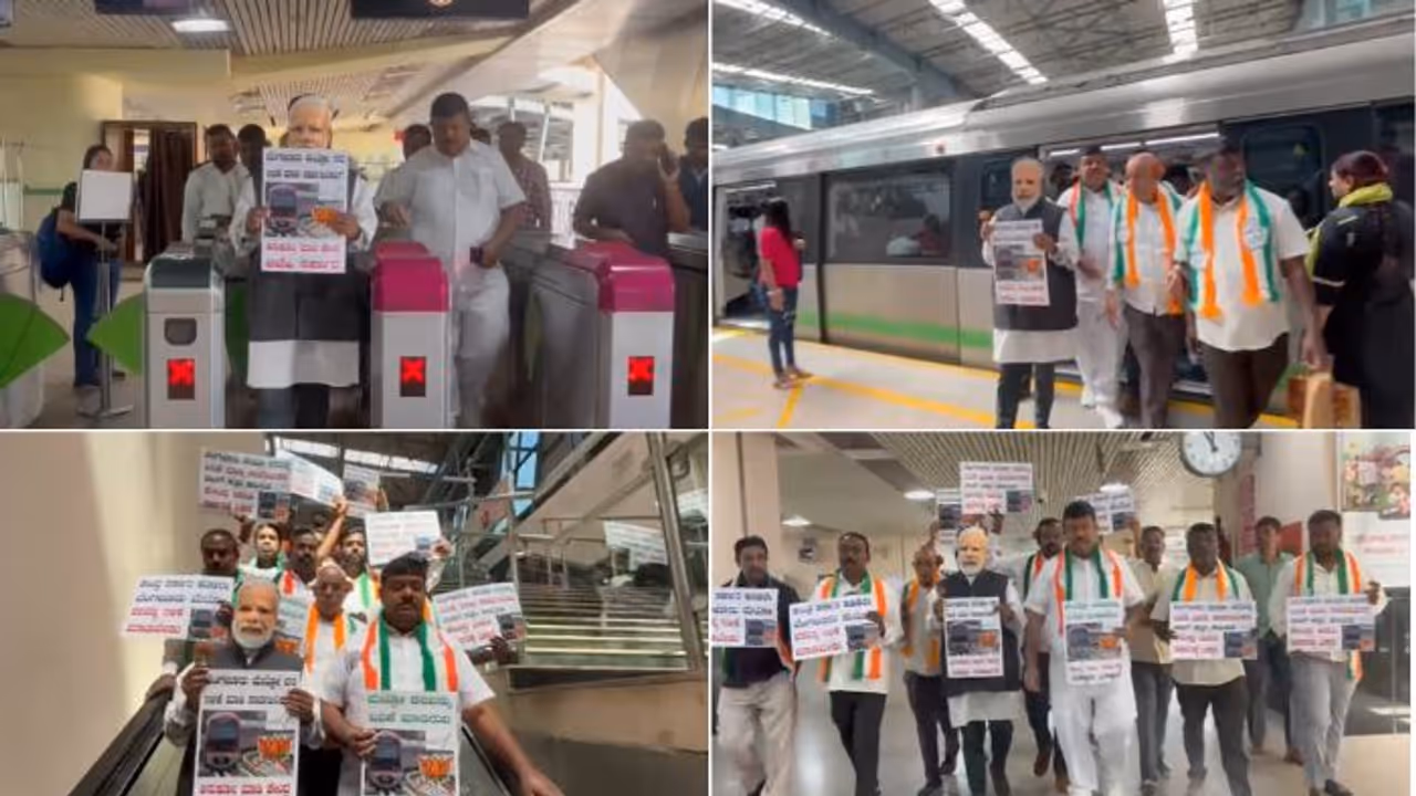 Congress workers wear Modi masks, protest against Bengaluru metro fare hike at key stations (WATCH)