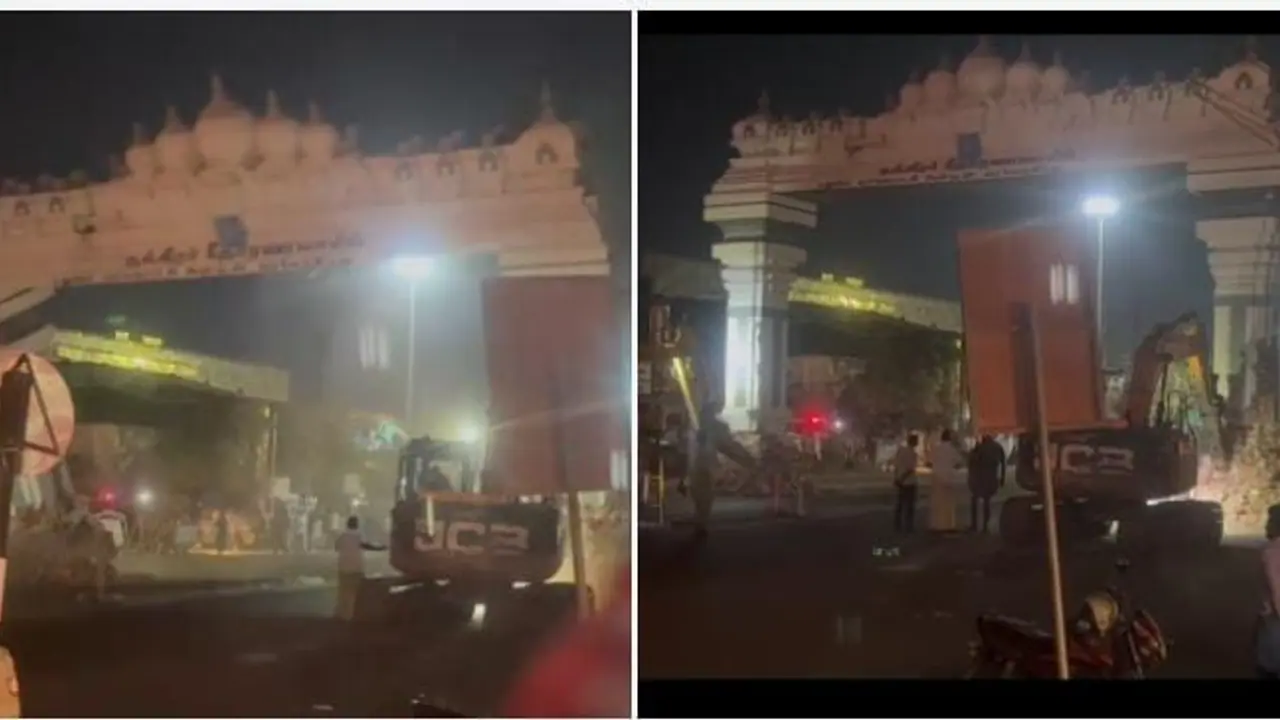 மதுரையில் நக்கீரர் தோரண வாயில் இடிப்பு.! பொக்லைன் மீது விழுந்த தூண் துடி துடித்து பலியான ஆப்ரேட்டர்