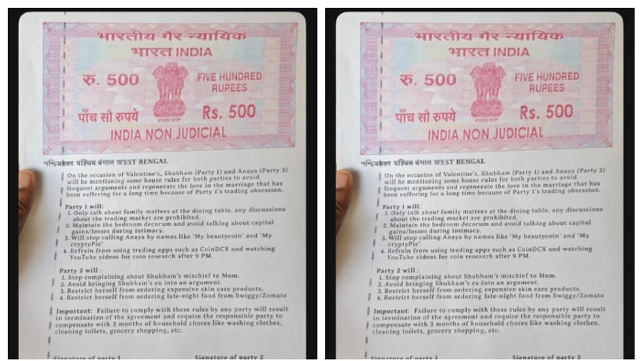 പ്രണയ ദിനത്തിൽ ഭർത്താവിനെക്കൊണ്ട് പുതിയ 'ജീവിത കരാർ' ഒപ്പിടുവിച്ച് ഭാര്യ; കരാർ കണ്ട് അമ്പരന്ന് സോഷ്യൽ മീഡിയ പ്രണയ ദിനത്തിൽ ഭർത്താവിനെക്കൊണ്ട് പുതിയ 'ജീവിത കരാർ' ഒപ്പിടുവിച്ച് ഭാര്യ; കരാർ കണ്ട് അമ്പരന്ന് സോഷ്യൽ മീഡിയ