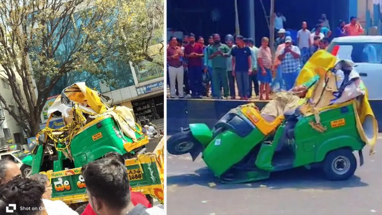 Bengaluru: Speeding auto crashes into BMTC bus near Sita circle, driver and passenger crushed to death Bengaluru: Speeding auto crashes into BMTC bus near Sita circle, driver and passenger crushed to death