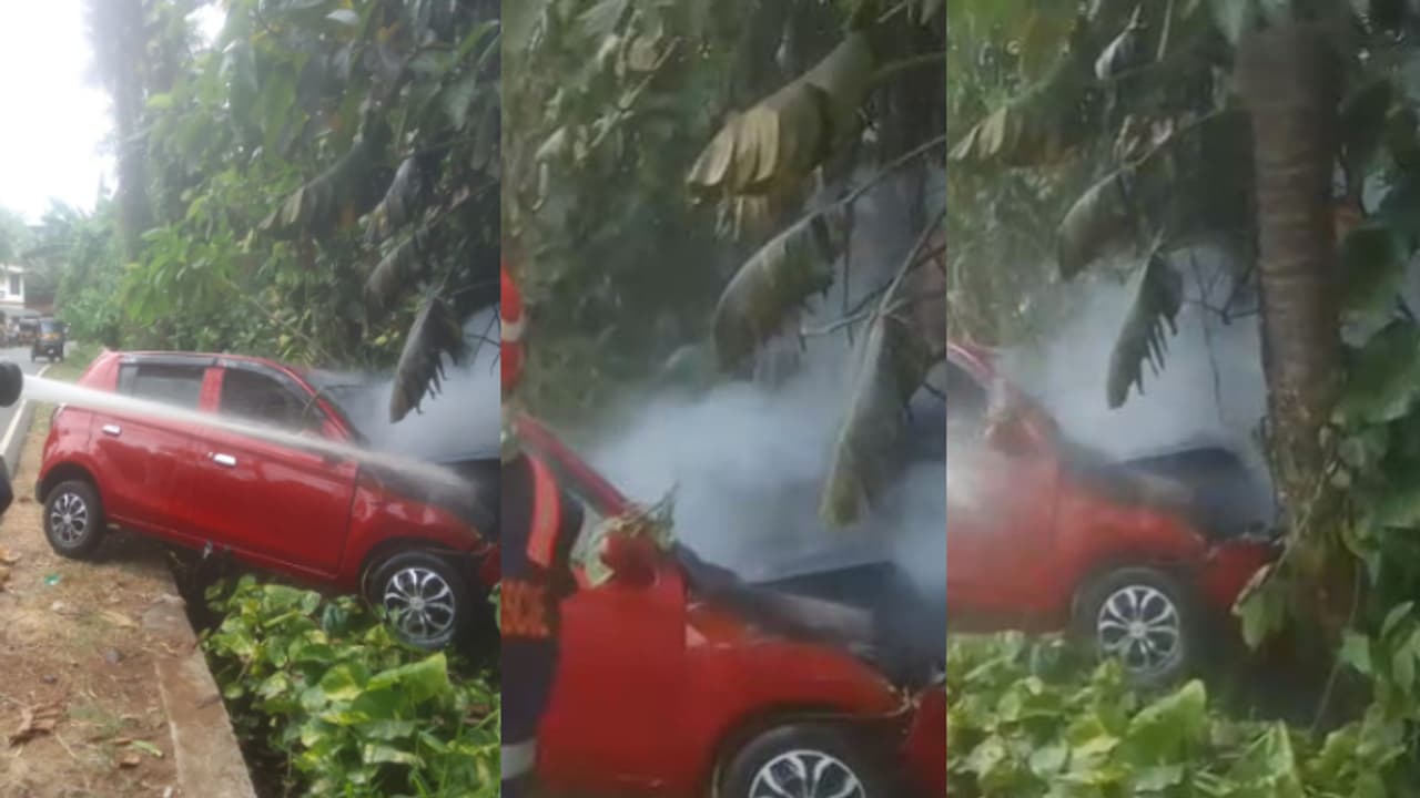തിരുവല്ലയിൽ ഓടിക്കൊണ്ടിരുന്ന കാറിൽ മുകളിൽ തേങ്ങ വീണു; നിയന്ത്രണംവിട്ട വാഹനം മരത്തിൽ ഇടിച്ചുകയറി, തീപിടിച്ചു തിരുവല്ലയിൽ ഓടിക്കൊണ്ടിരുന്ന കാറിൽ മുകളിൽ തേങ്ങ വീണു; നിയന്ത്രണംവിട്ട വാഹനം മരത്തിൽ ഇടിച്ചുകയറി, തീപിടിച്ചു