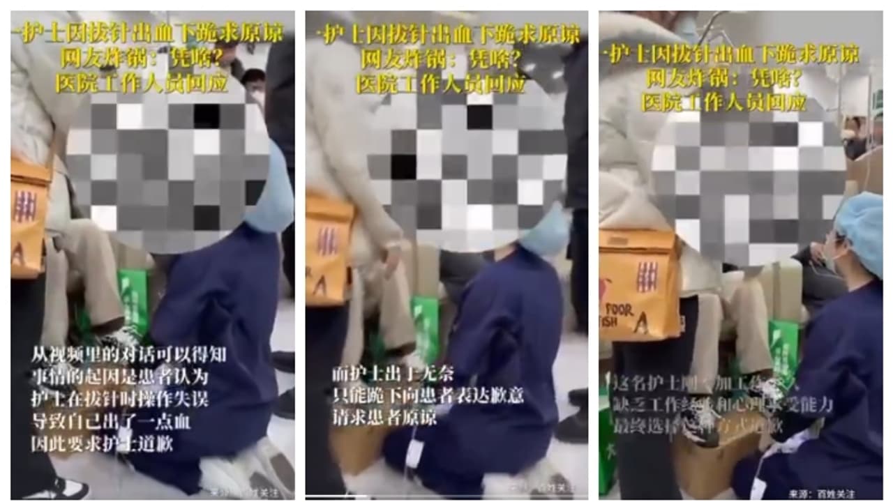 ഡ്രിപ്പിട്ട സൂചി ഊരിയപ്പോൾ രക്തസ്രാവം; രോഗിക്ക് മുന്നില്‍ മുട്ടുകുത്തി ക്ഷമ ചോദിച്ച് നേഴ്സ്, സംഭവം ചൈനയില്‍ 
